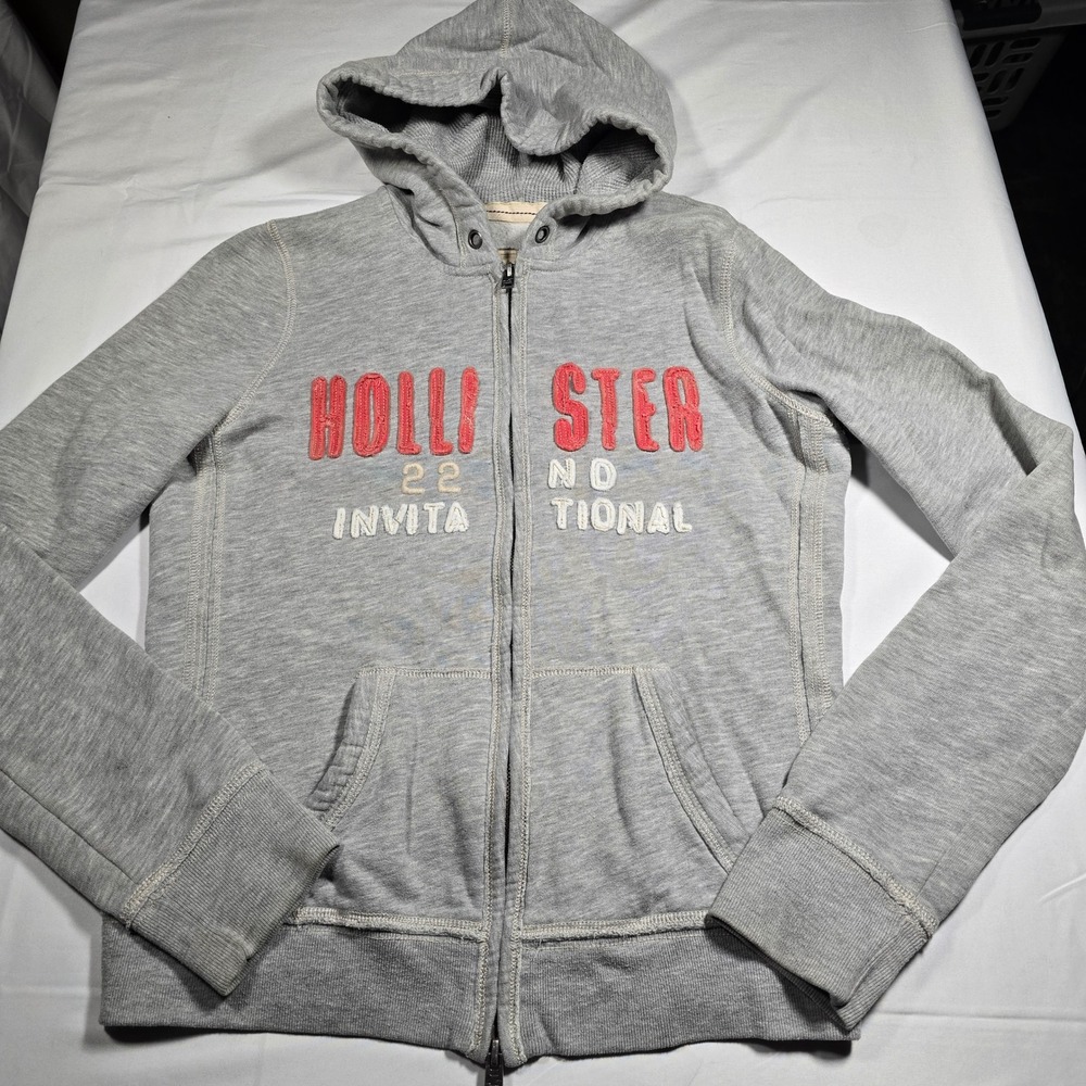 Y2K Hollister Womens Large Full Zip Hoodie Gray Embroidered Logo Sweatshirt